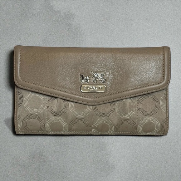 Coach Madison Dotted Accordian Trifold Wallet Leather Canvas Vintage Khaki Pink - Picture 1 of 13